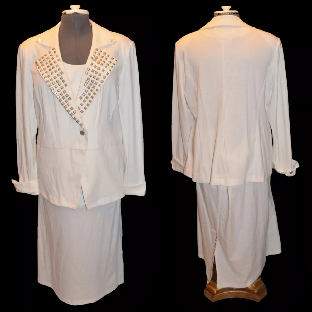 ML Studio Vintage 80s 90s White Studded Blzer & Skirt Suit Set sz 16W